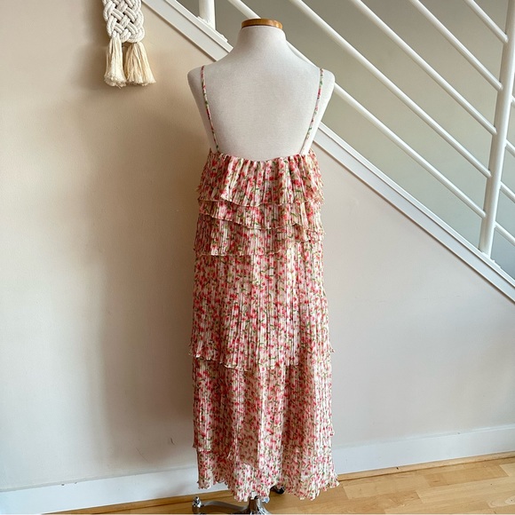 Something Navy Floral Tiered Pleated Spaghetti Strap Midi Dress Cream Pink S NWT - Picture 7 of 16